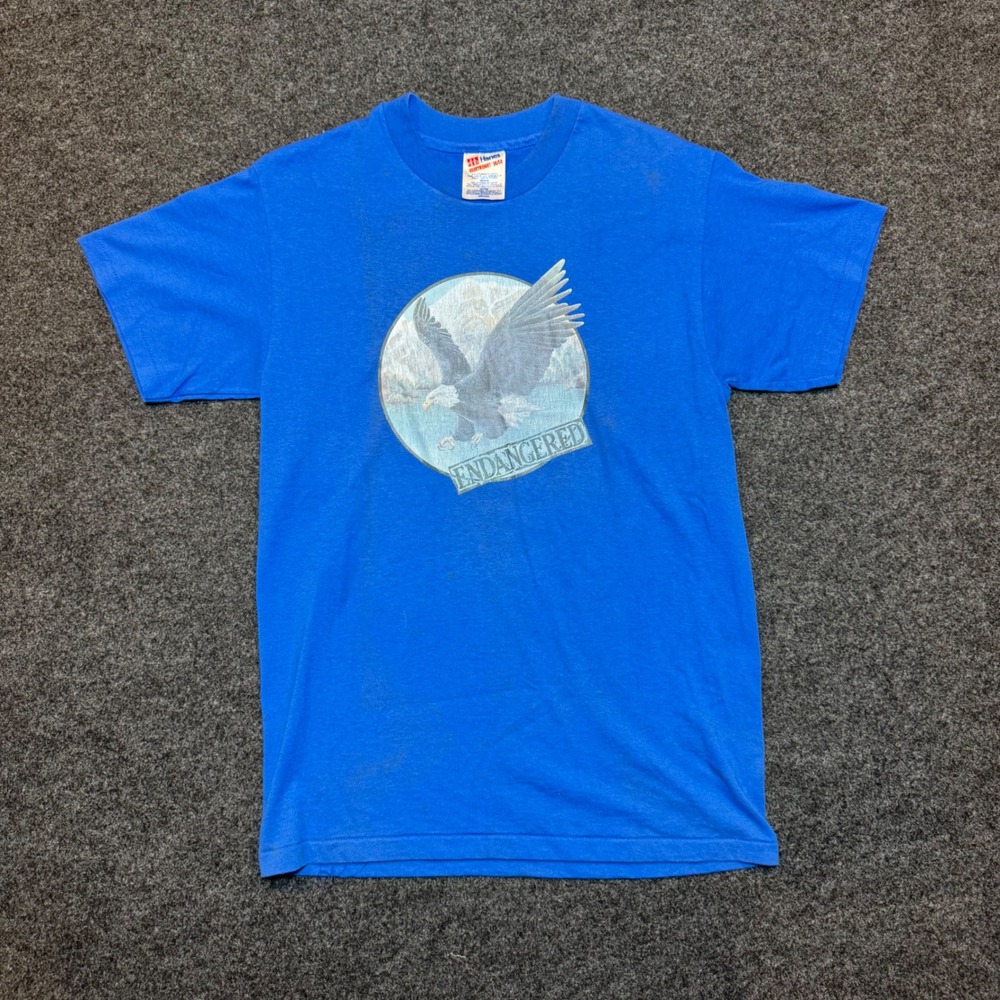 Vintage Hanes Heavyweight 50/50 Bald Eagle Endangered T-Shirt Blue Medium USA